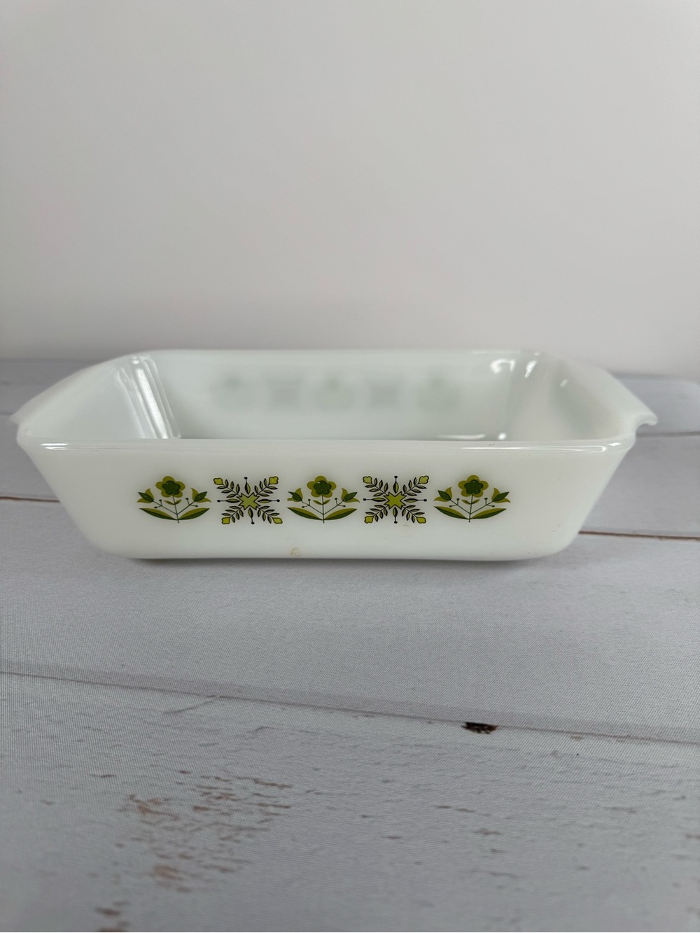 Vintage Fire King Meadow Green Loaf Pan 441 Milk Glass